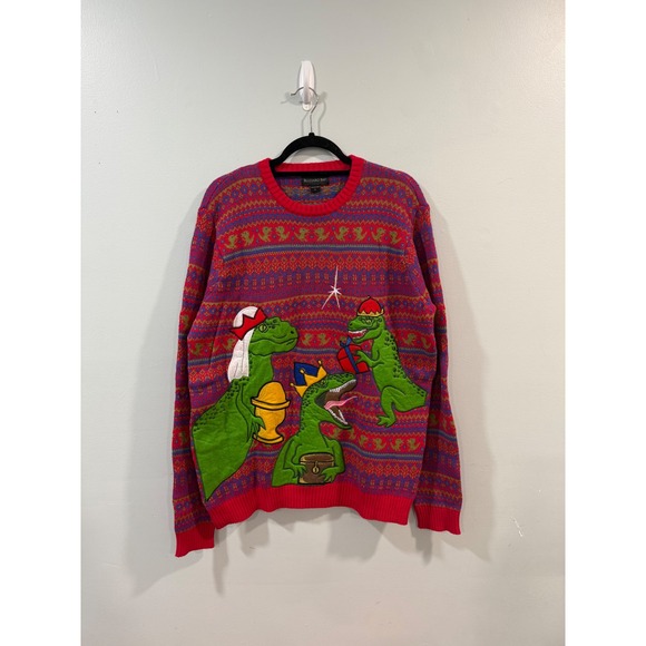 Blizzard Bay Christmas Dinosaur Sweater Ugly Holiday Party L Red Purple Fun - Picture 1 of 5